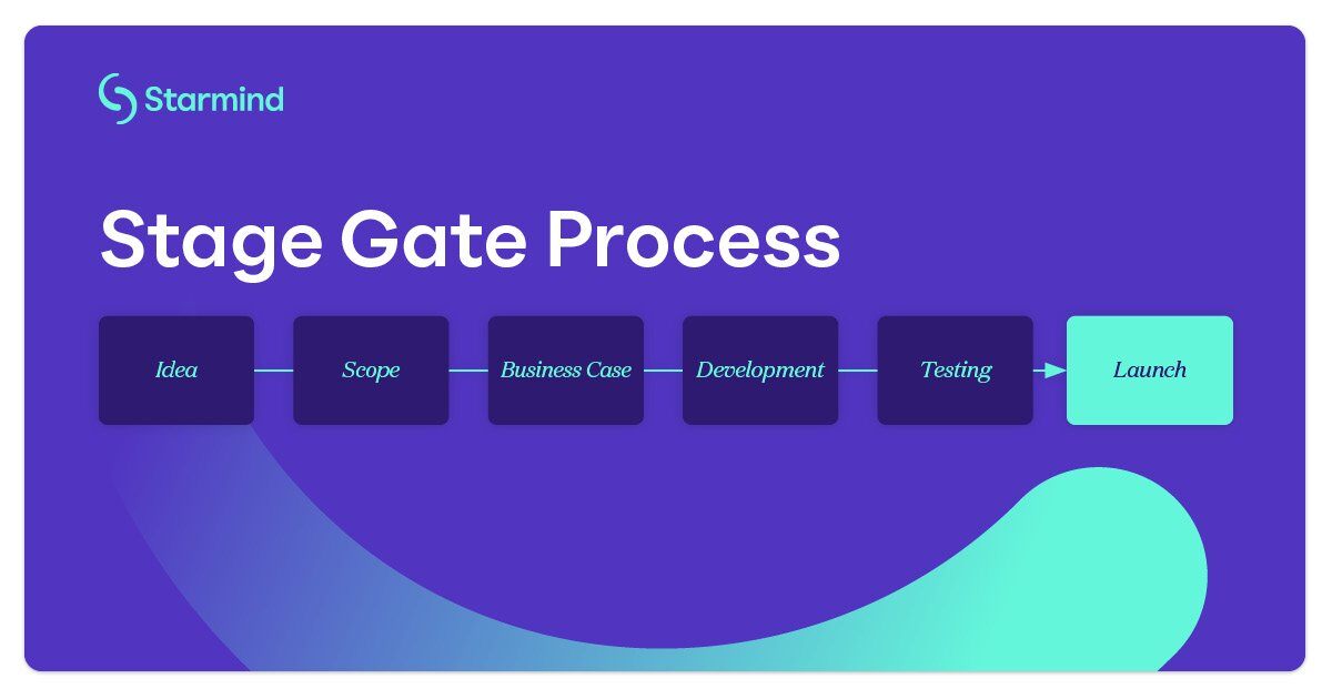 stage gate process: idea, scope, business case, development, testing and launch