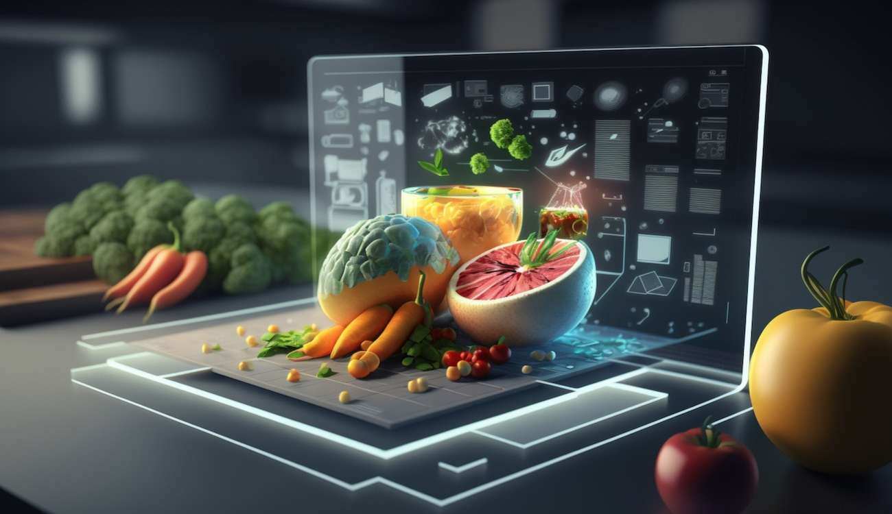 Fruit and vegetables surrounding a laptop with data on the screen